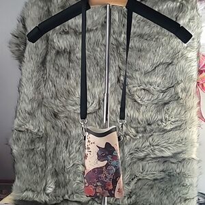 Trendy Cat Print Faux Leather Phone Pouch with Adjustable Lanyard